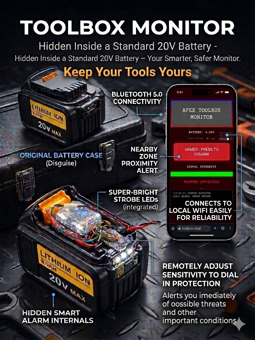 Toolbox Monitor hidden inside a standard 20V battery — feature callouts
