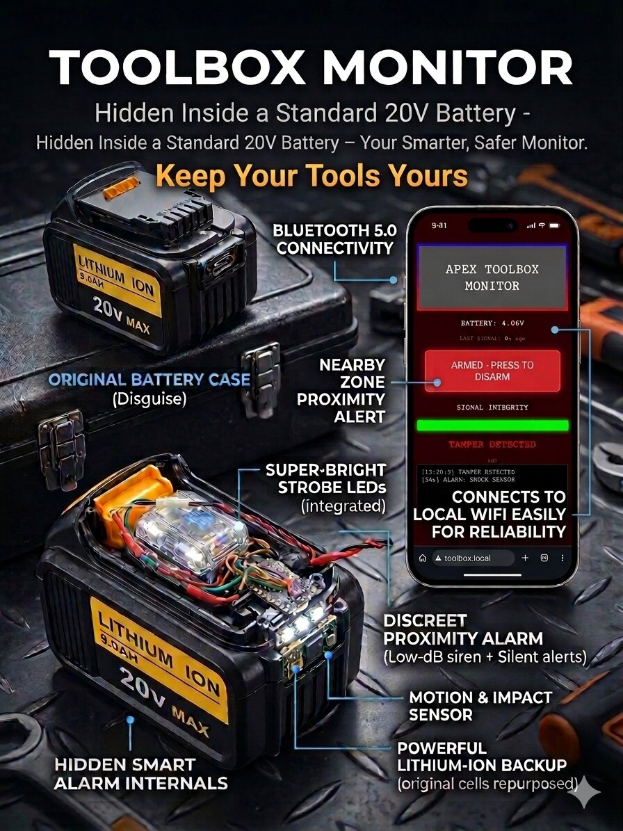 Toolbox Monitor internals — strobe LEDs, motion and impact sensor, lithium-ion backup